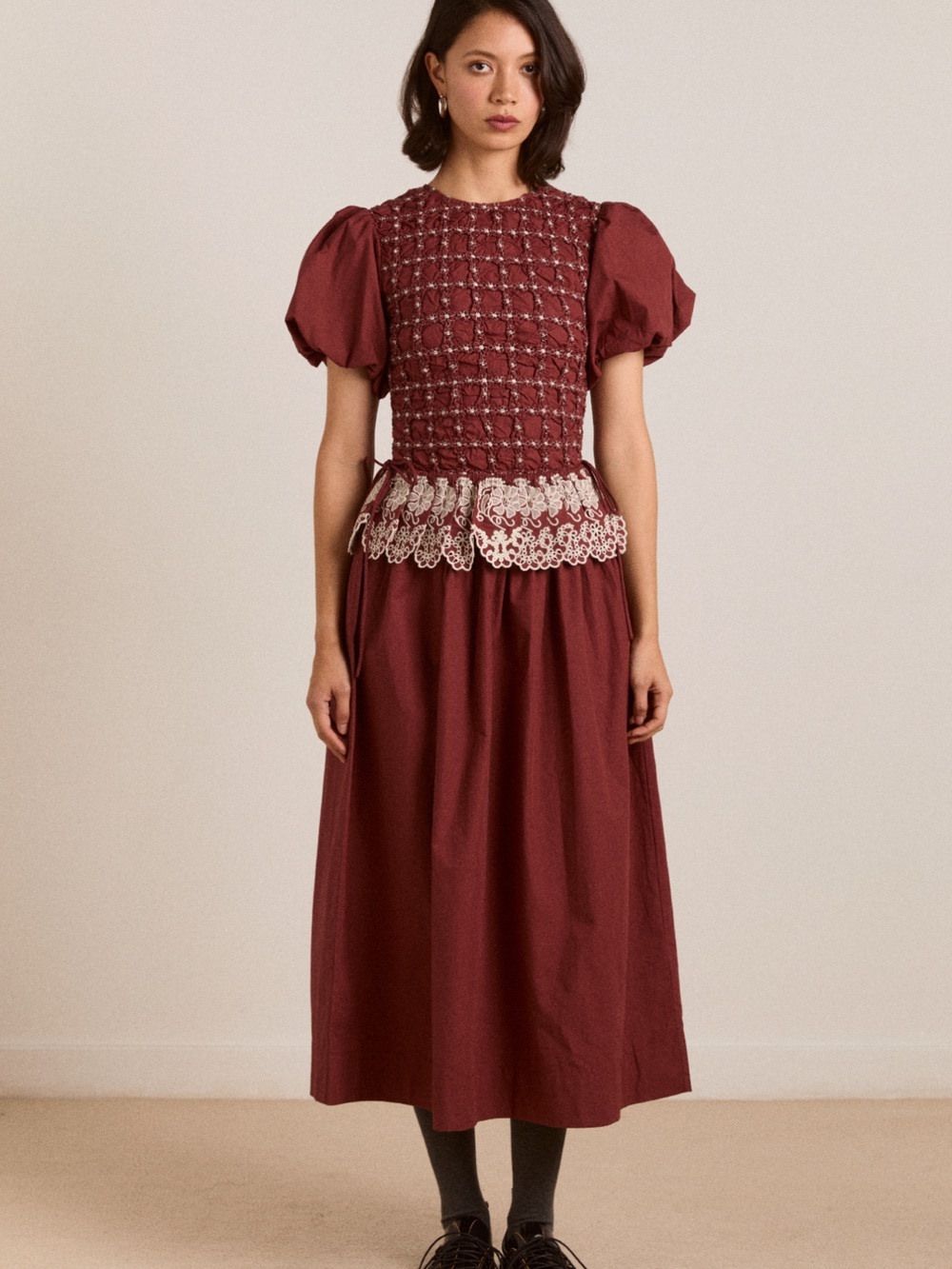Midi Dress with Lace Peplum in Burgundy